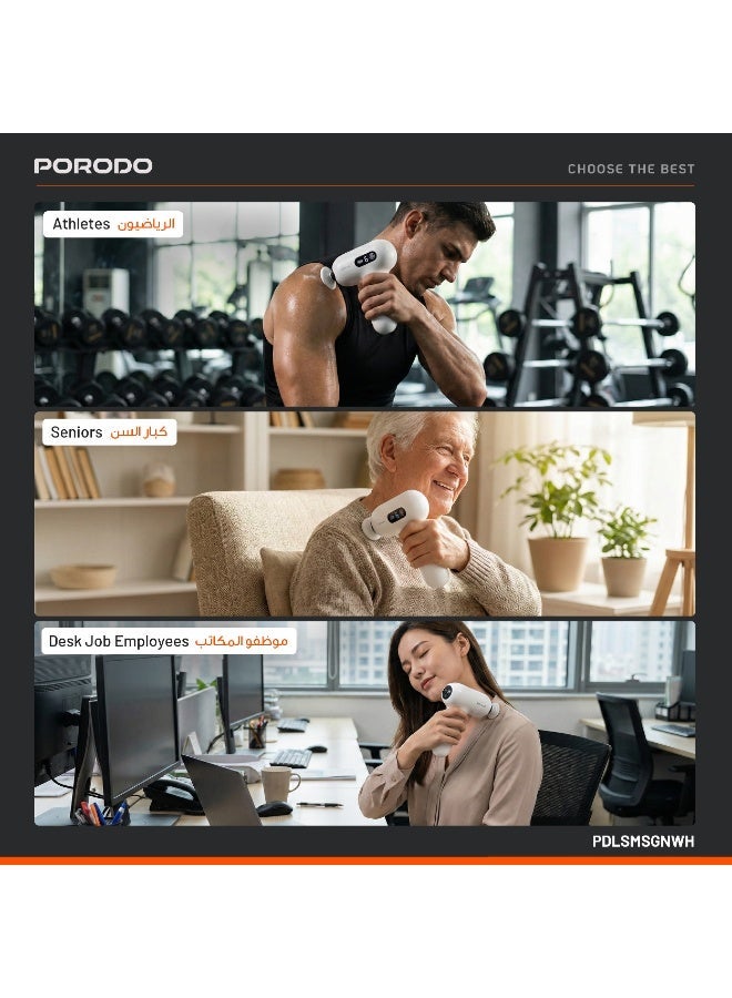porodo 15W Mini Massage Gun with 4 Head / 4 Hour Working Time / Digital Touch Display / 6 Adjustable Speed / Type-C Charging / Portable & Lightweight - White - Image 2